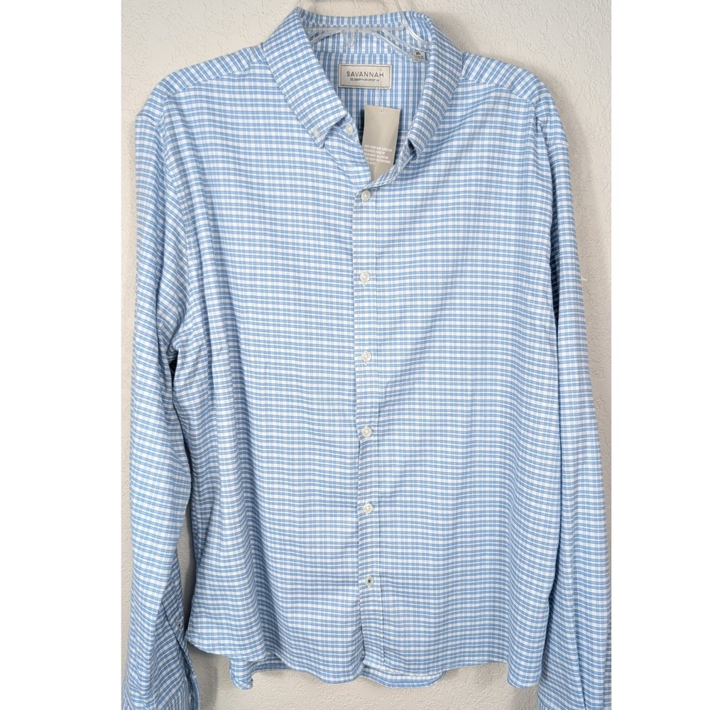 Savannah Button Down Shirt Mens XL Blue White Check Tencil Blend Long Sleeve - Picture 2 of 6
